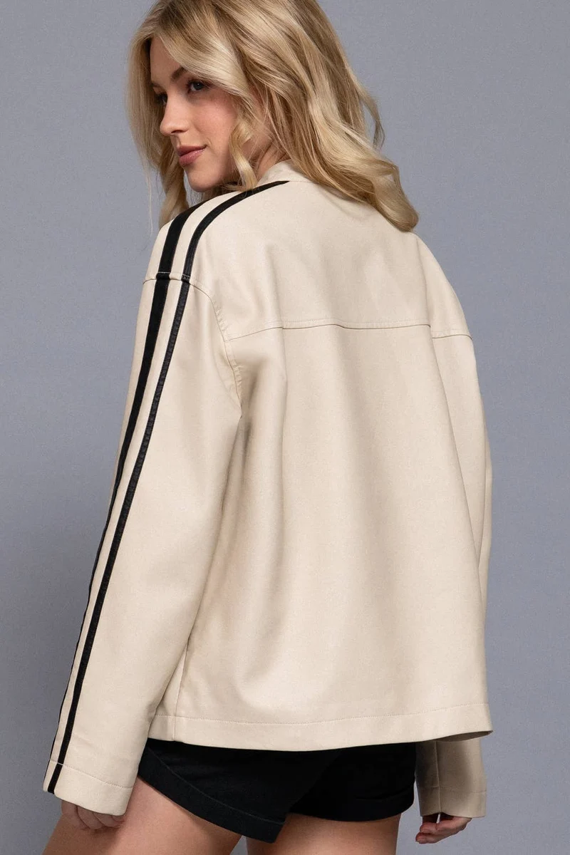 Long Sleeve Line Detail Washed Effect Faux Leather Jacket
