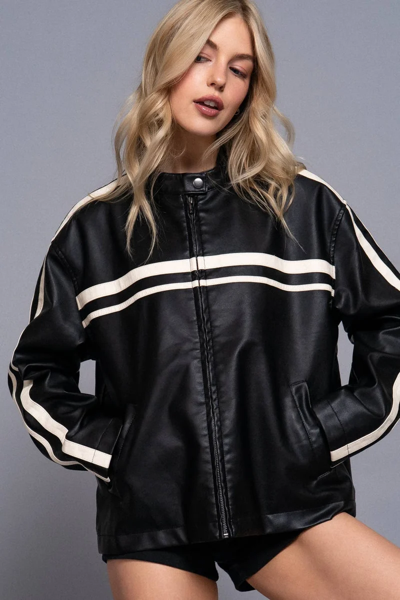 Long Sleeve Line Detail Washed Effect Faux Leather Jacket