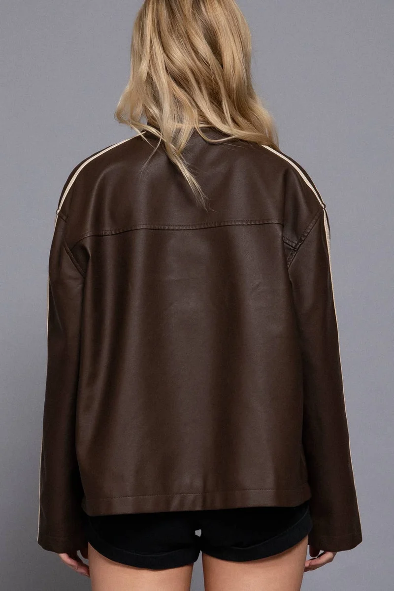 Long Sleeve Line Detail Washed Effect Faux Leather Jacket