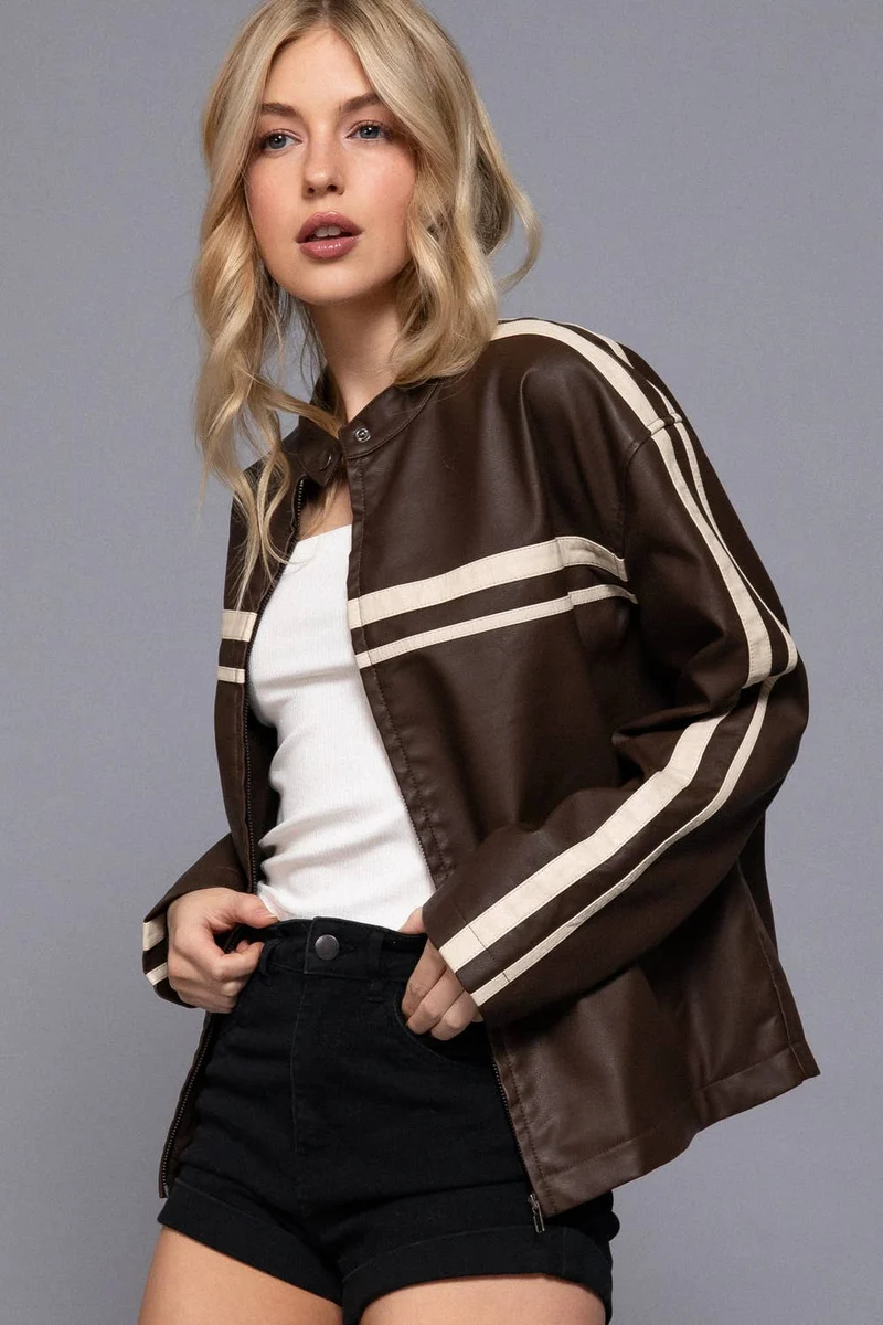 Long Sleeve Line Detail Washed Effect Faux Leather Jacket