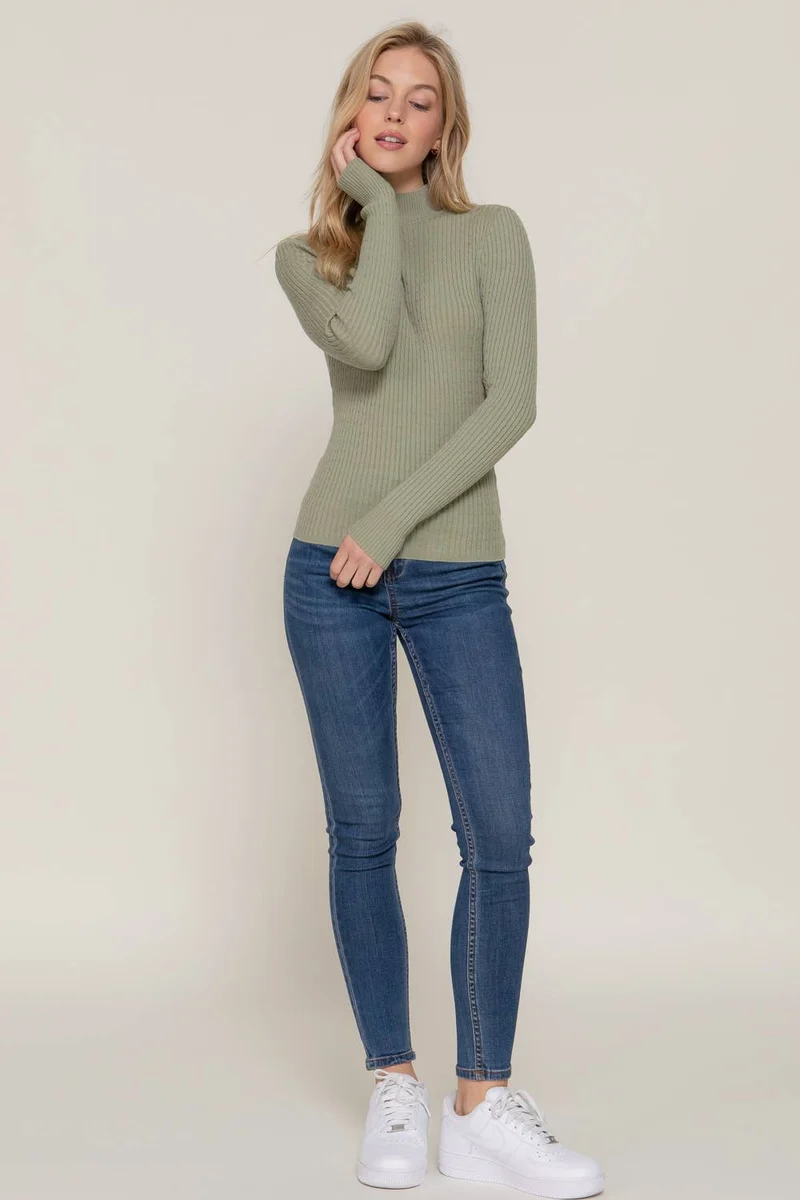 Long Sleeve Mock Neck Rib Sweater : RED