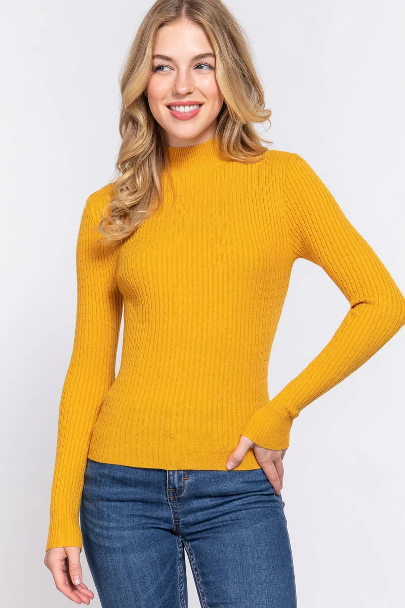 Long Sleeve Mock Neck Rib Sweater : RED