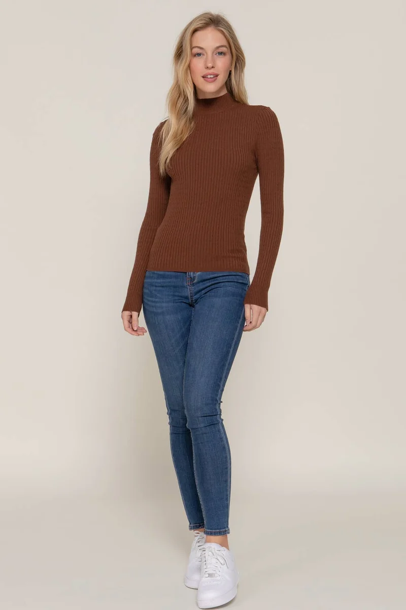 Long Sleeve Mock Neck Rib Sweater : RED