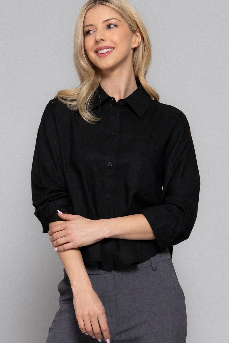 Long Sleeve Button Down Crop Linen Blend Shirt