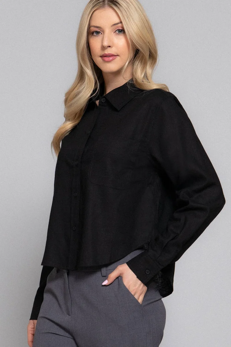 Long Sleeve Button Down Crop Linen Blend Shirt