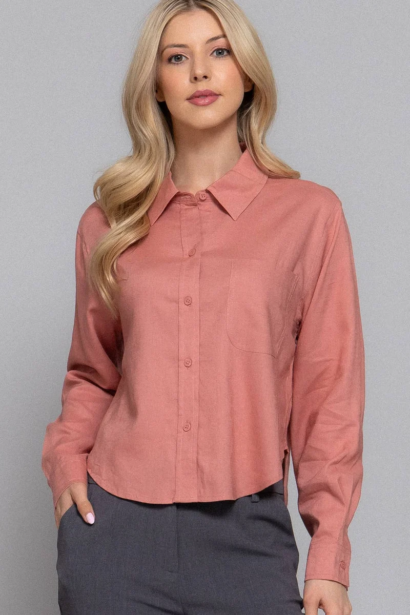 Long Sleeve Button Down Crop Linen Blend Shirt