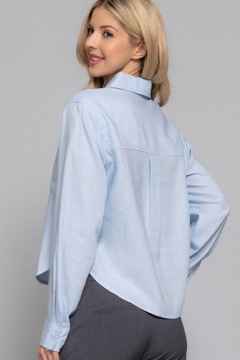 Long Sleeve Button Down Crop Linen Blend Shirt