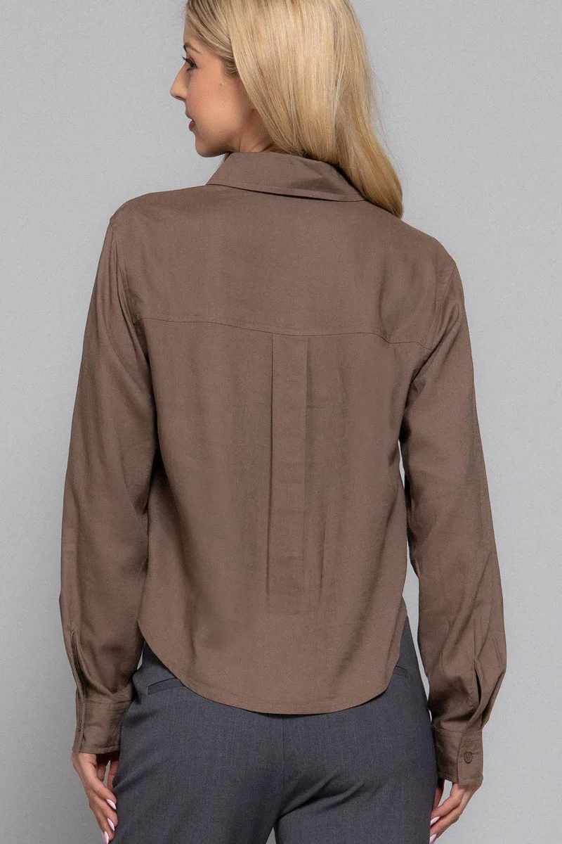 Long Sleeve Button Down Crop Linen Blend Shirt