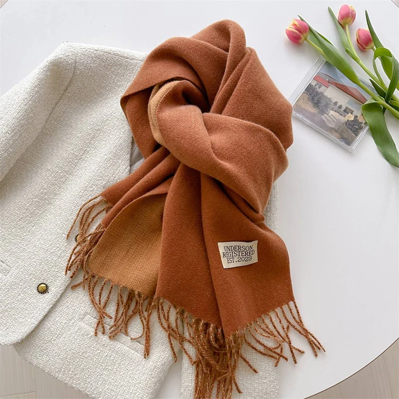 Double Sided Faux Cashmere Scarf-Solid Color Shawl_CWASC0968: Beige / (OS) 2