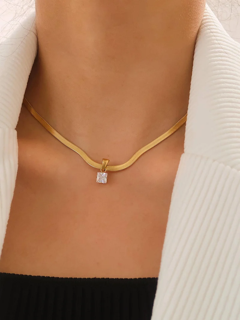 Blanc 18K Gold Non-Tarnish CZ Snake Chain Necklace: Yellow Gold / Square Pendant