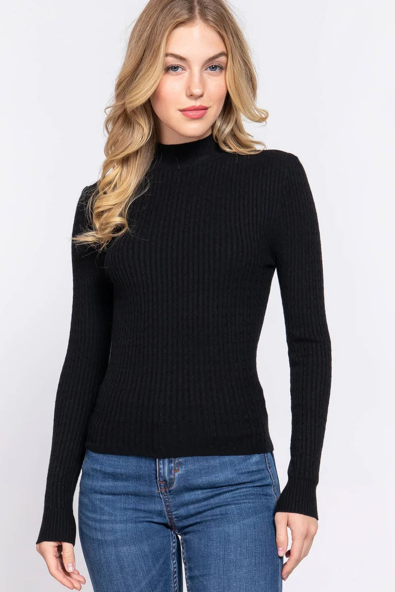 Navy Mock Neck Rib Sweater : Nvy-Ink Navy / L