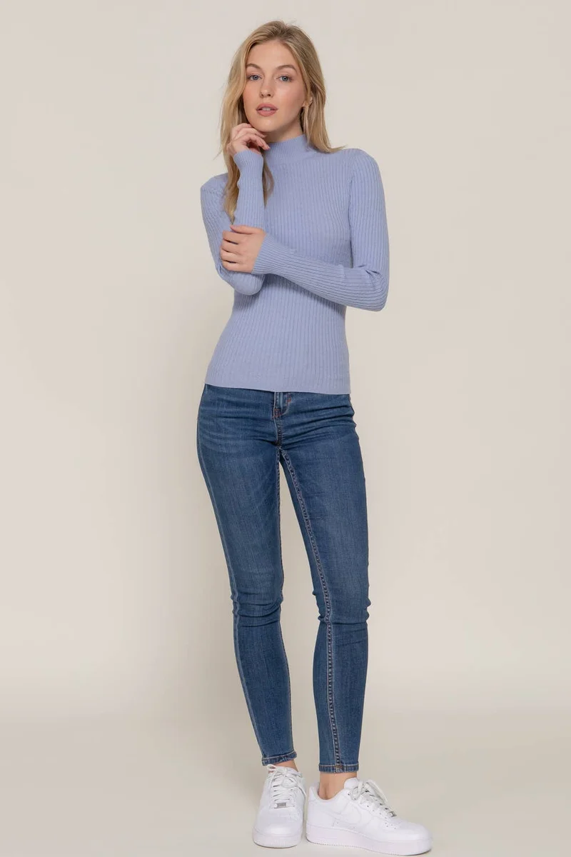 Lt Blue Long Sleeve Mock Neck Rib Sweater