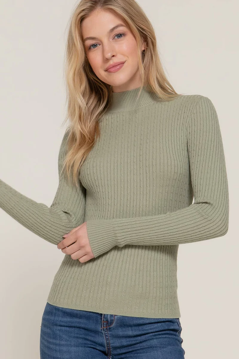 Lt Blue Long Sleeve Mock Neck Rib Sweater