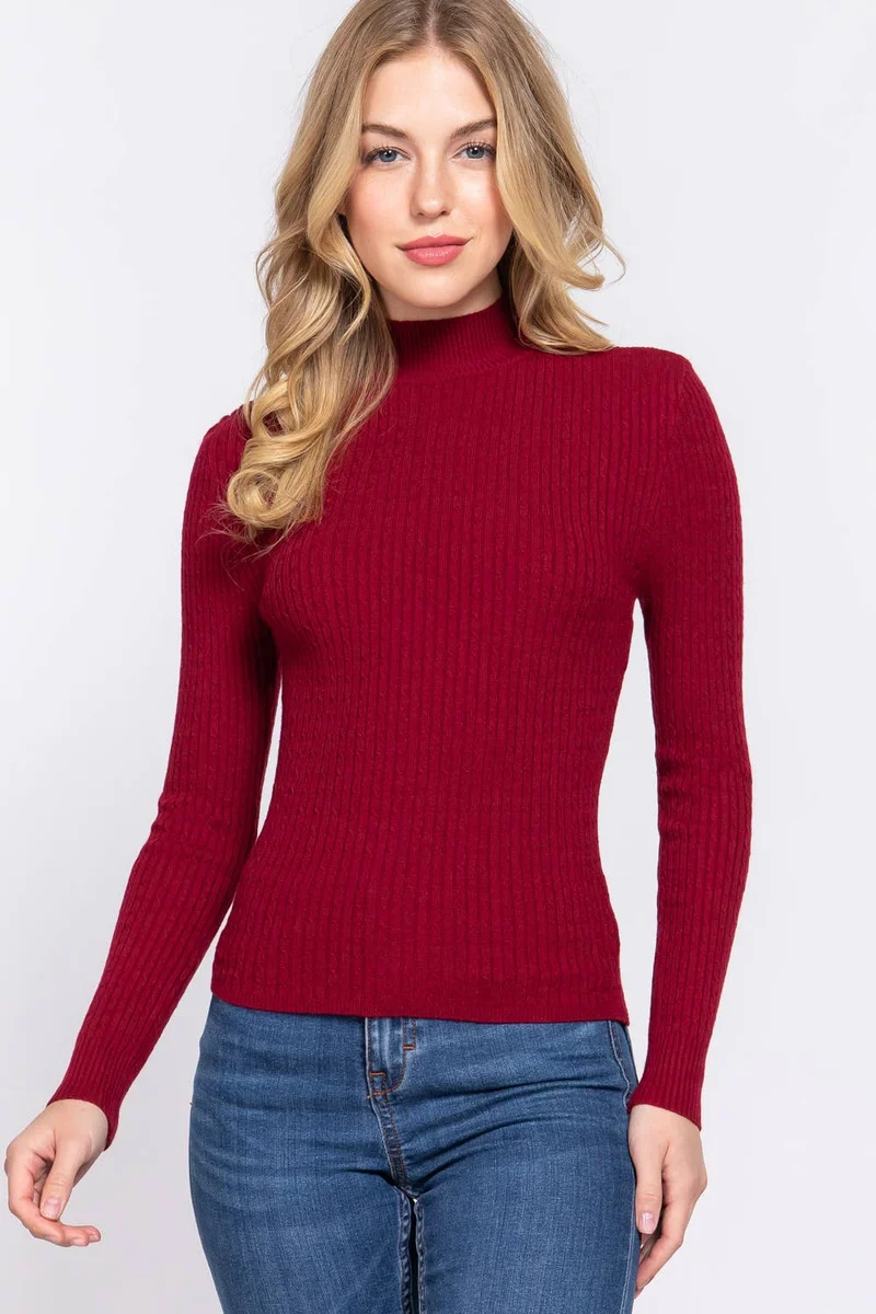 Lt Blue Long Sleeve Mock Neck Rib Sweater