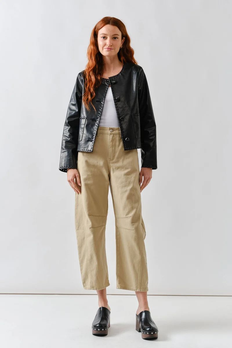 MAJ3284 WHIPSTITCH EDGE FAUX LEATHER JACEKT: BLACK / L