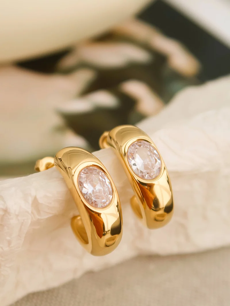 Aliénor 18K Gold Non-Tarnish CZ Classic C Hoop Earring: Yellow