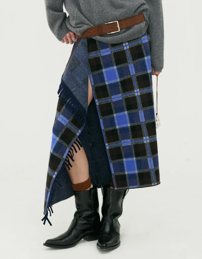 Wolle-Kaschmir Midi-Rock Tartan Wrap