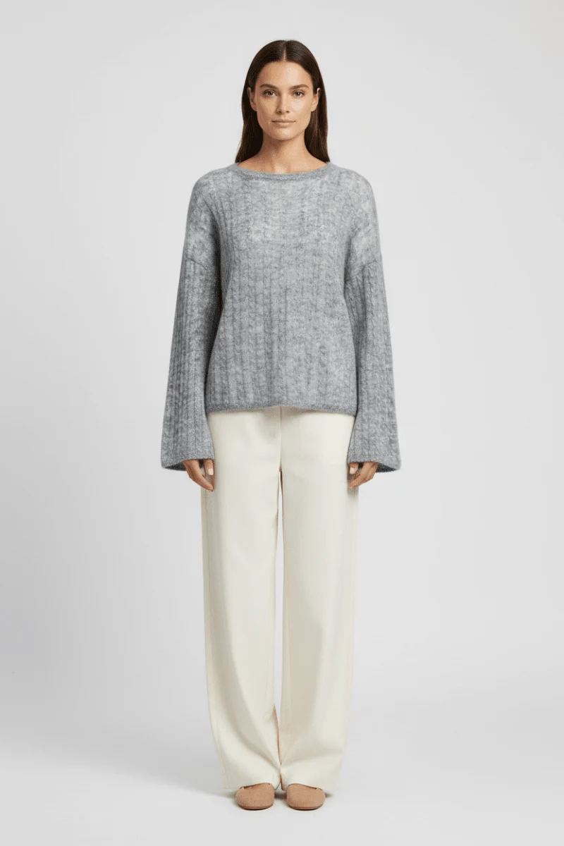 YAYA Oversized-Zopfpullover mit U-Boot-Ausschnitt Mittelgrau Melange