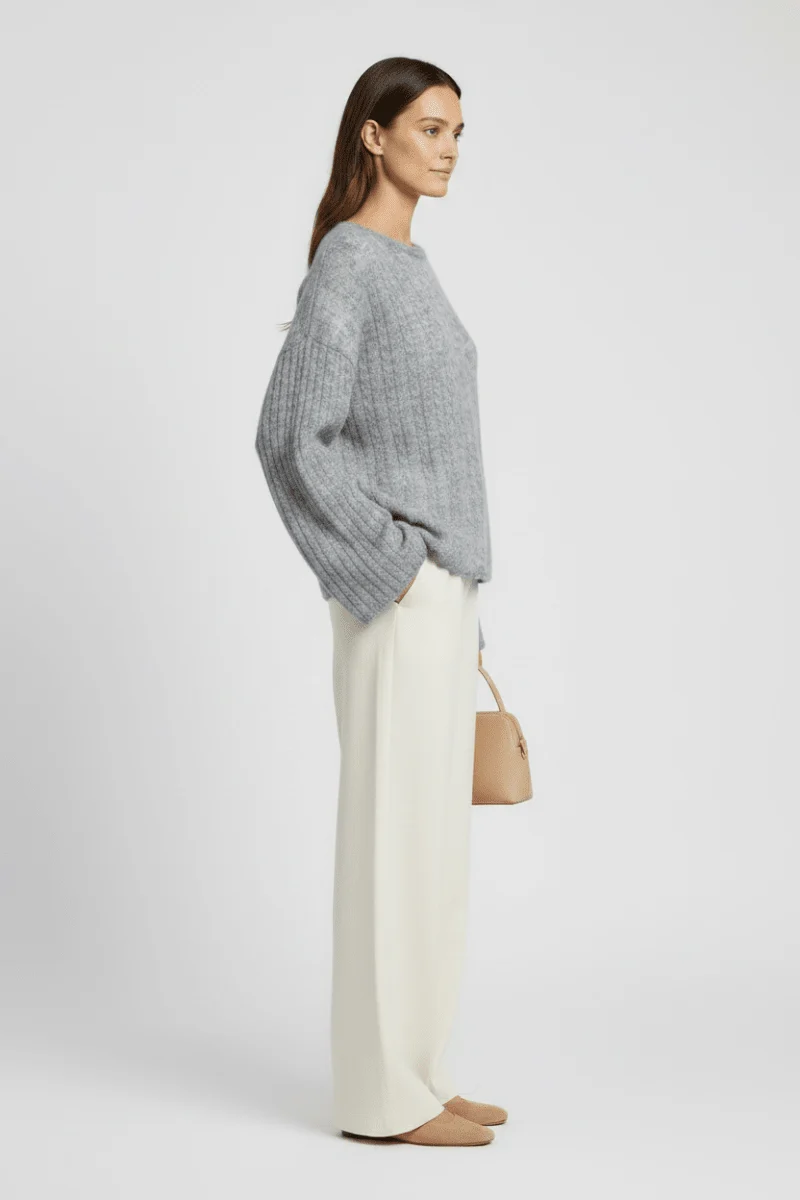 YAYA Oversized-Zopfpullover mit U-Boot-Ausschnitt Mittelgrau Melange