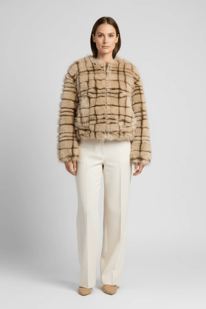 YAYA Kunstfell-Jacke mit Kragen und Karomuster Pure Cashmere Grau Dessin