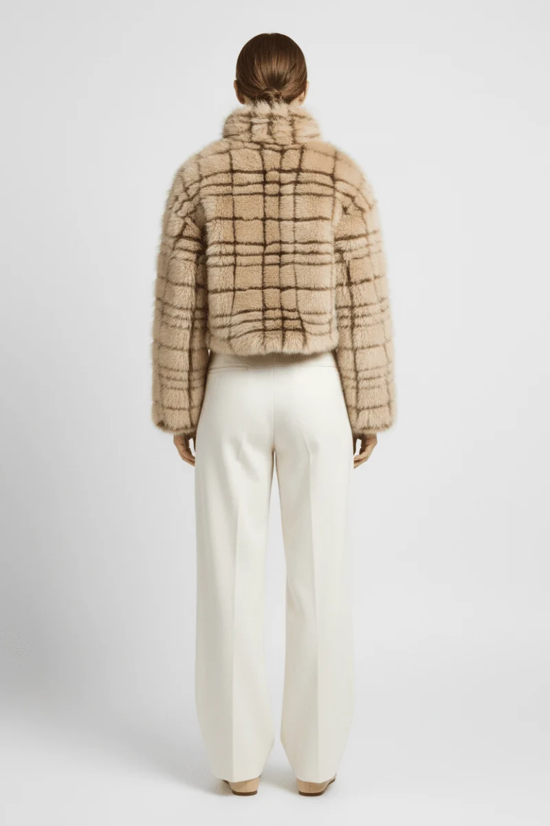 YAYA Kunstfell-Jacke mit Kragen und Karomuster Pure Cashmere Grau Dessin