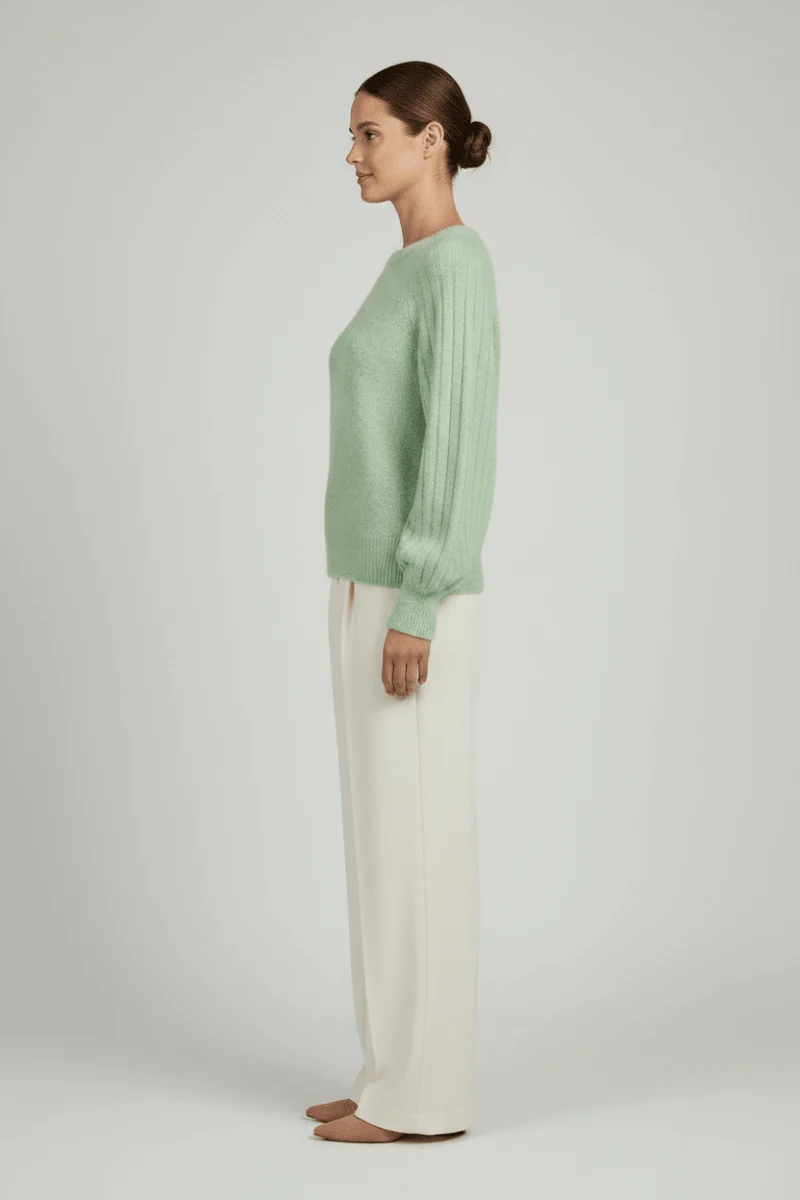 Cartoon Strickpullover Kurz 1/1 Arm Grün Meliert