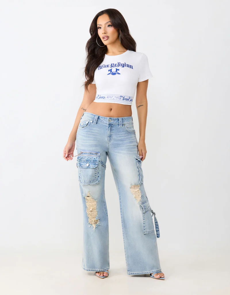 Bedrucktes Cropped T-Shirt mit Strassverzierung