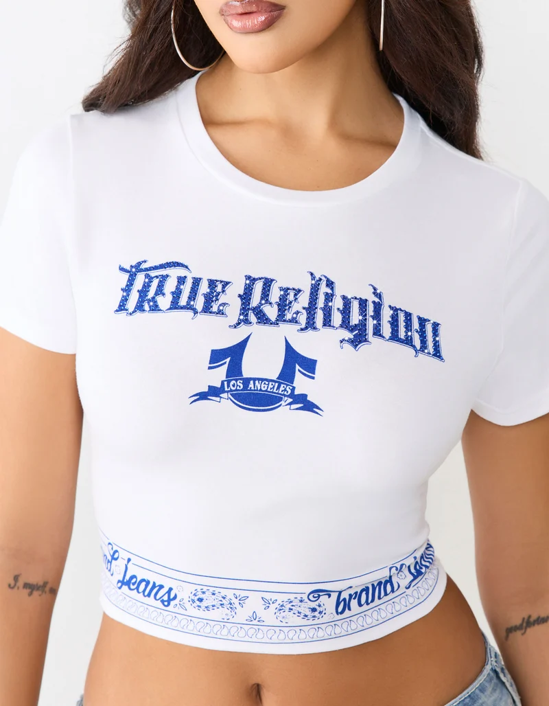 Bedrucktes Cropped T-Shirt mit Strassverzierung