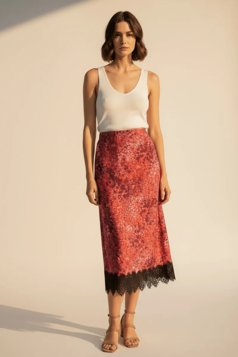 Rich & Royal Damen Mode Printed Satin Midi Skirt with Lace in Mulberry