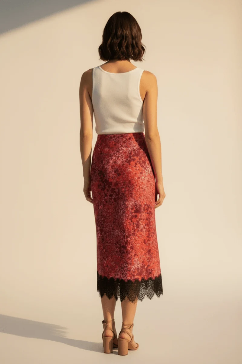 Rich & Royal Damen Mode Printed Satin Midi Skirt with Lace in Mulberry