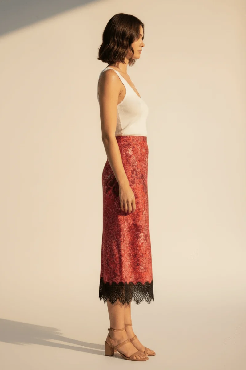 Rich & Royal Damen Mode Printed Satin Midi Skirt with Lace in Mulberry