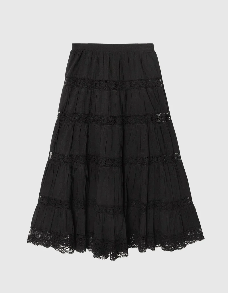 Ausgestellter Maxi-Rock Amore mit Häkelspitzen-Details