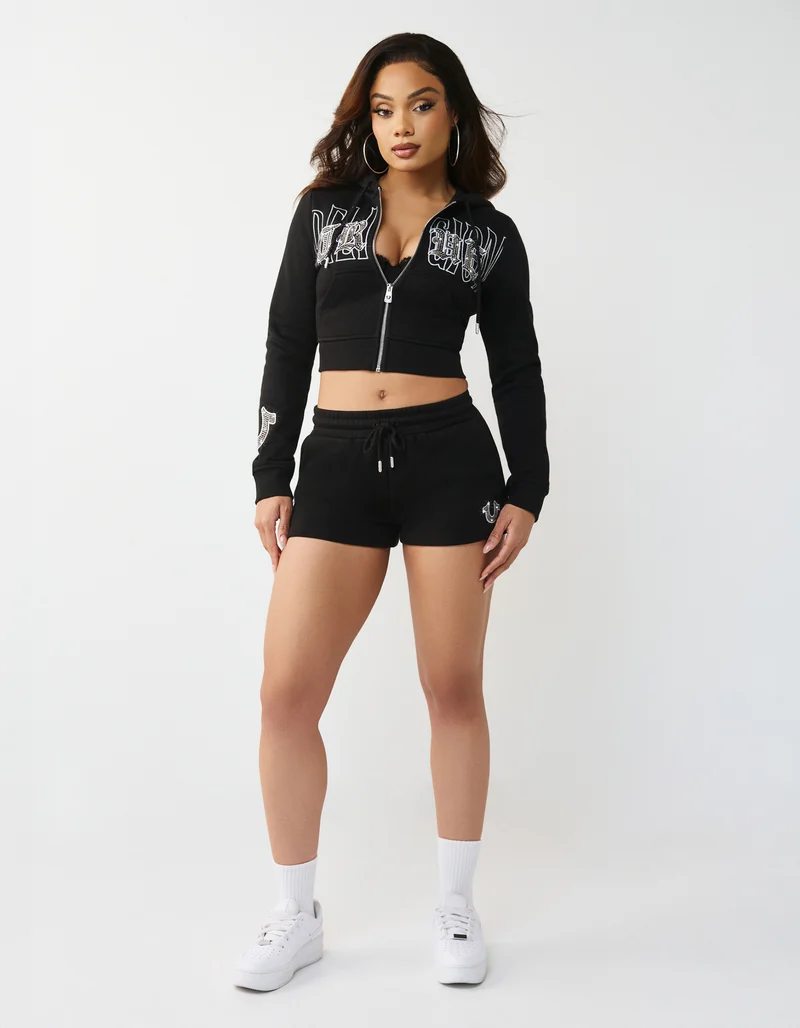 Cropped Zipper Hoodie Embroidered Shrunken Zip
