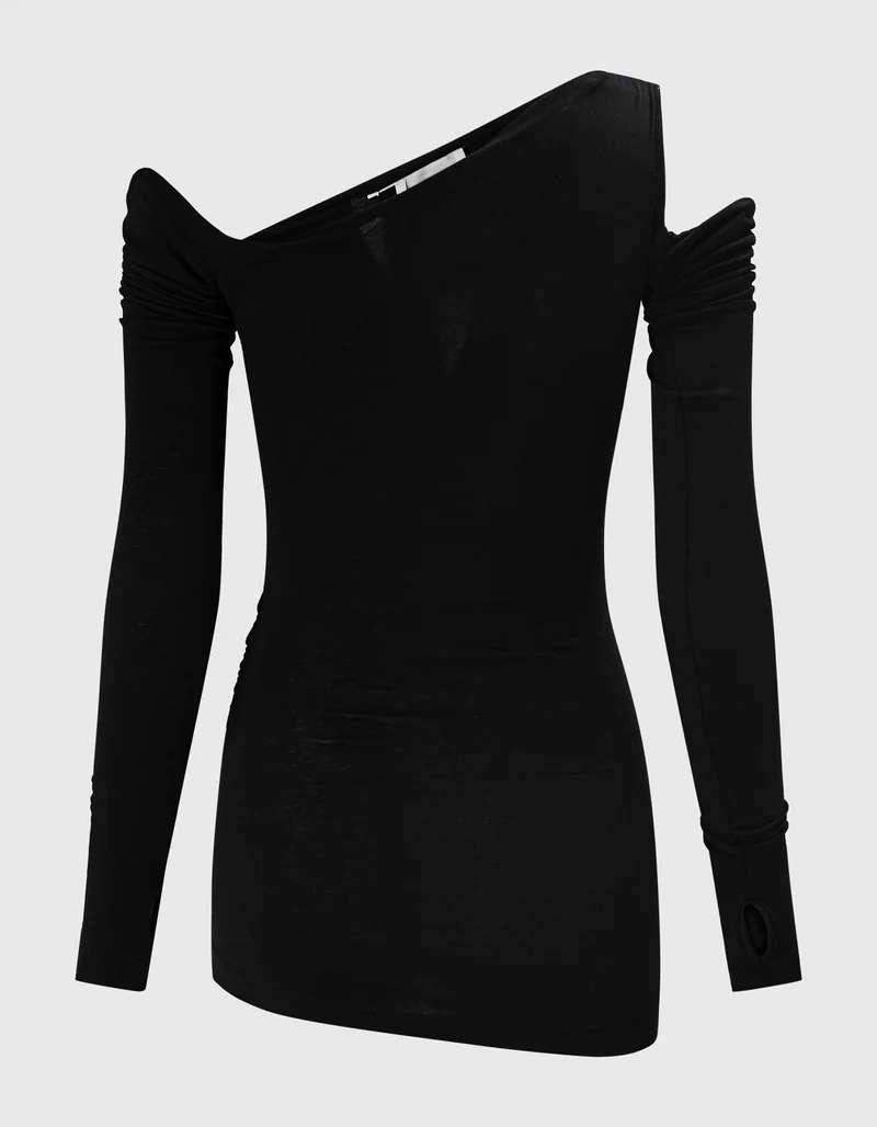 One-Shoulder Longsleeve mit Raffung