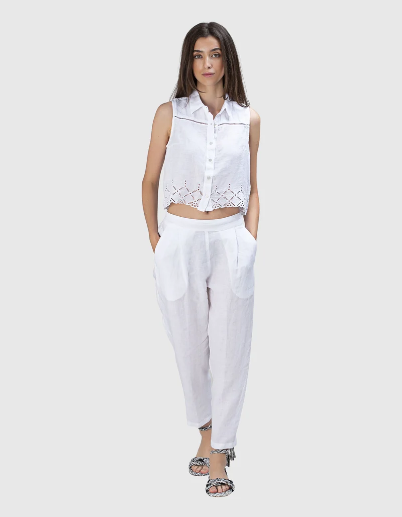 Cropped Leinen-Bundfaltenhose