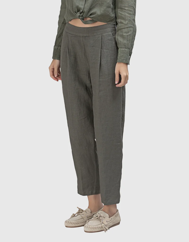 Cropped Leinen-Bundfaltenhose