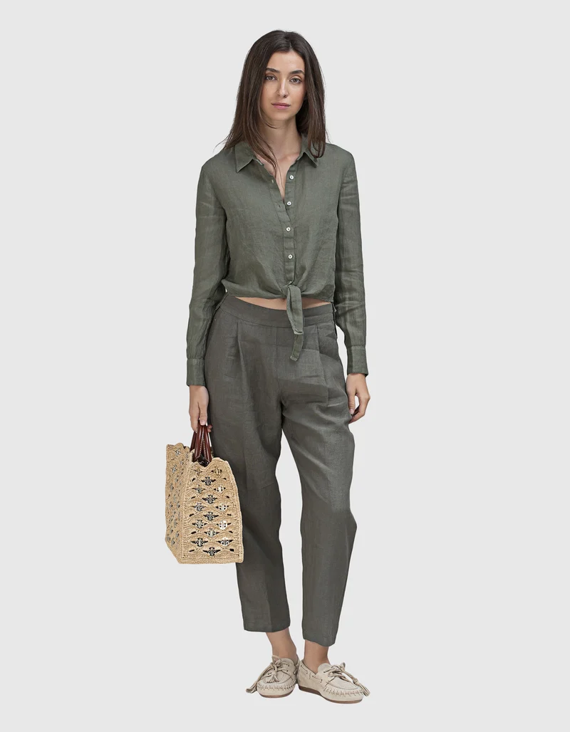 Cropped Leinen-Bundfaltenhose