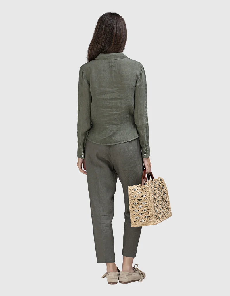 Cropped Leinen-Bundfaltenhose
