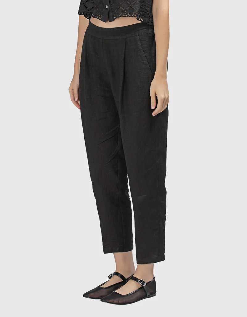 Cropped Leinen-Bundfaltenhose