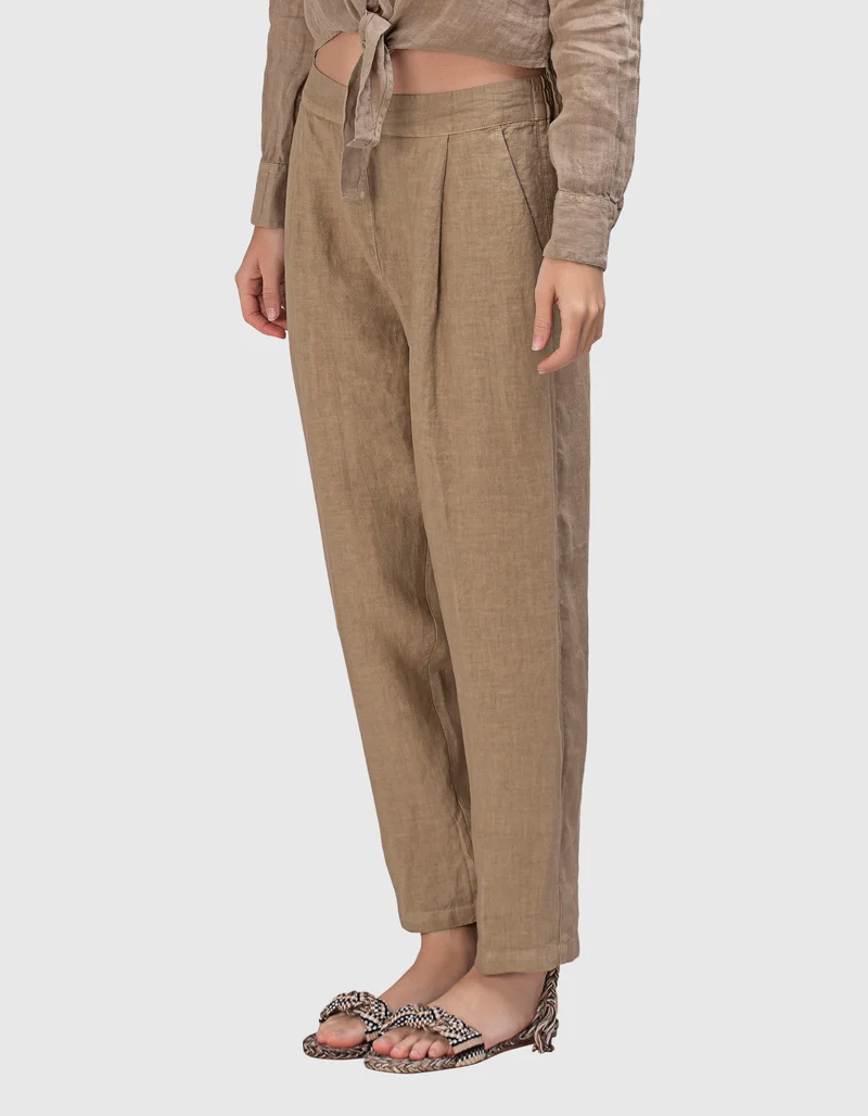 Cropped Leinen-Bundfaltenhose