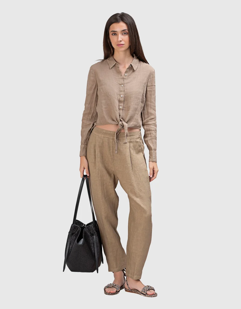 Cropped Leinen-Bundfaltenhose