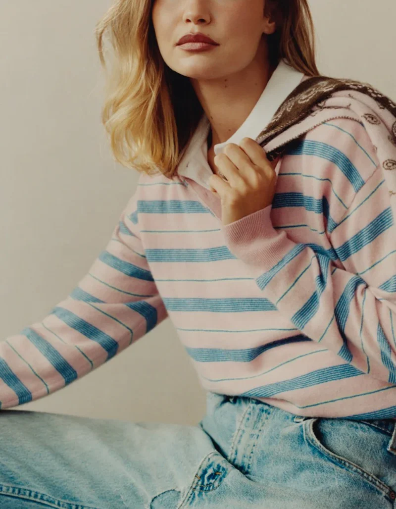 Kaschmir-Pullover Long Polo Collegiate Stripe
