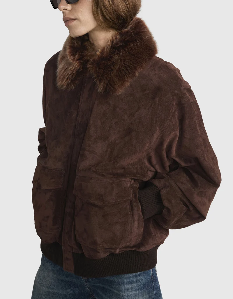 Veloursleder-Jacke The Suede Oversized mit abnehmbarem Fell