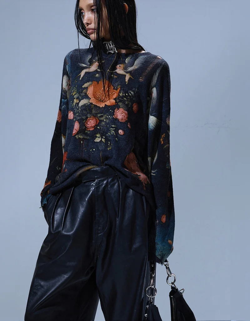 Destroyed Look Kaschmir-Pullover Printed Boyfriend
