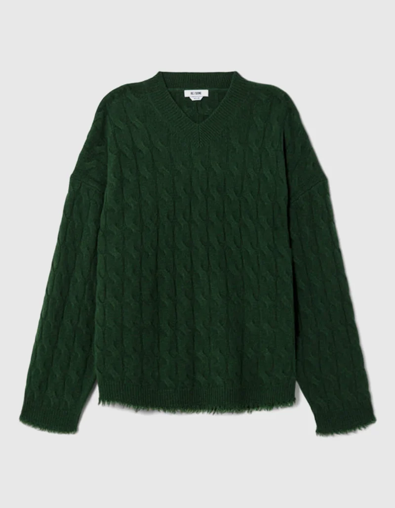 Zopfstrick-Kaschmir-Pullover mit V-Ausschnitt