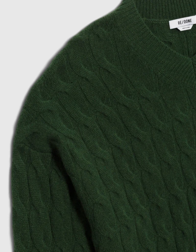 Zopfstrick-Kaschmir-Pullover mit V-Ausschnitt