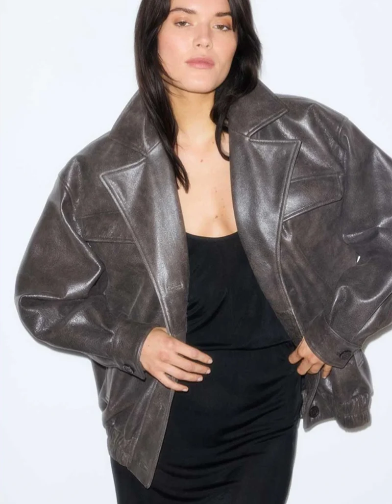 Oversize Leder-Jacke Bree im Vintage-Stil