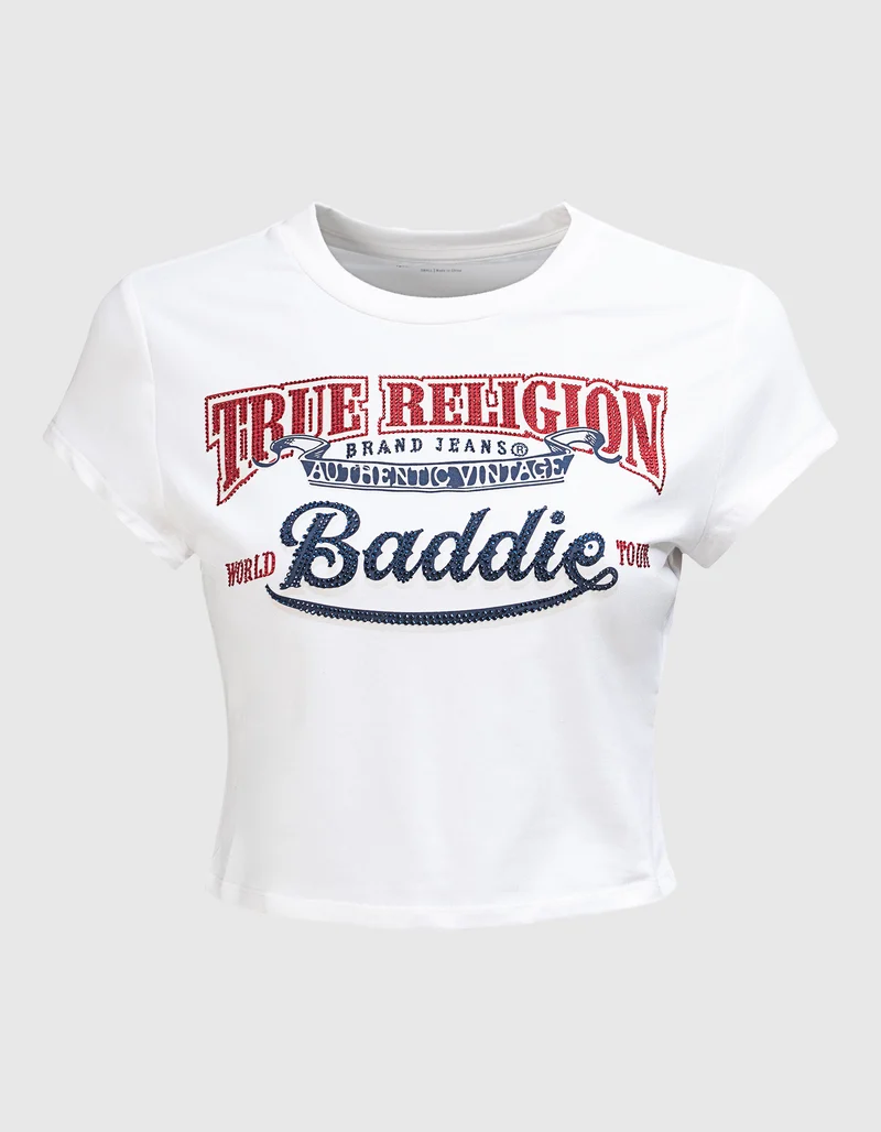 Bedrucktes Cropped T-Shirt Cap Sleeve Baby Tee mit Strasstein-Besatz