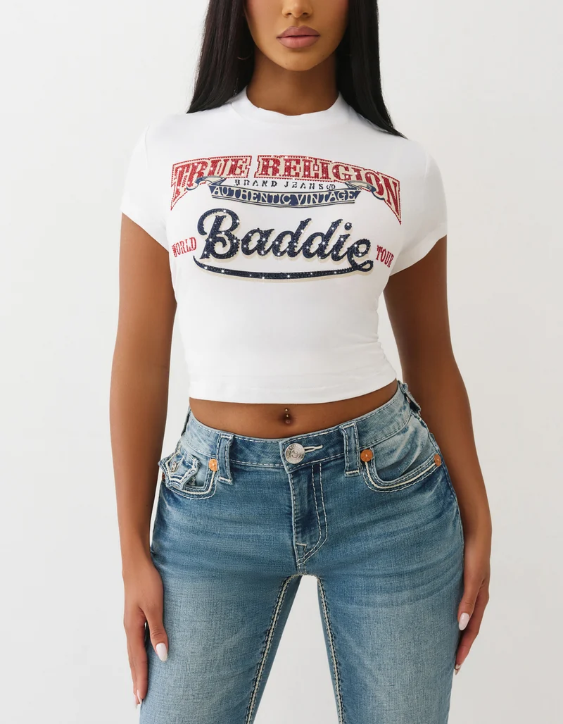 Bedrucktes Cropped T-Shirt Cap Sleeve Baby Tee mit Strasstein-Besatz