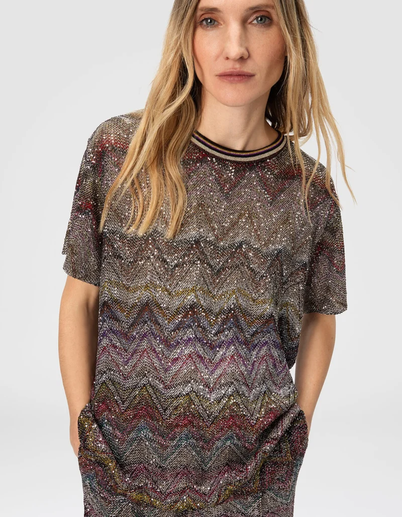 Kurzarm-T-Shirt Caperdoni mit Zickzackmuster und Pailletten